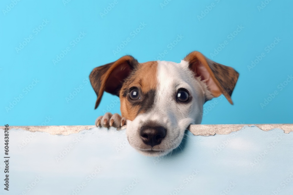 Frightened puppy peeks out from behind a corner on a blue background, with copy space. Generative AI Frightened puppy peeks out from behind a corner on a blue background, with copy space. Generative AI