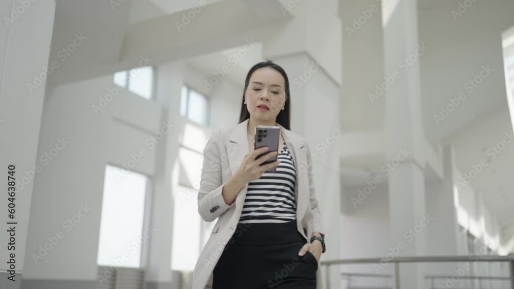 Beautiful Asian Businesswoman video call looking at smartphone camera,working online meeting with team at office Beautiful Asian Businesswoman video call looking at smartphone camera,working online meeting with team at office