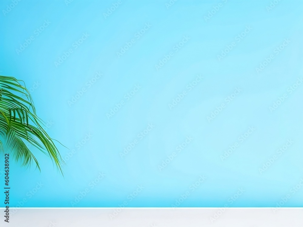 Enhance your product presentation with a captivating minimal abstract background featuring a blurred shadow from palm leaves against a light blue wall. 