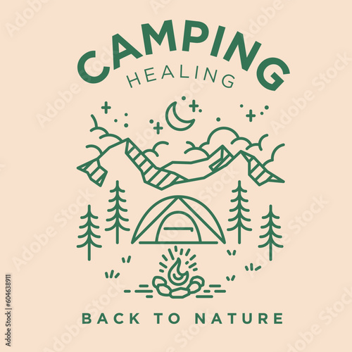 camping healing vintage monoline scene illustration include tent,bonfire,mountain,moon night