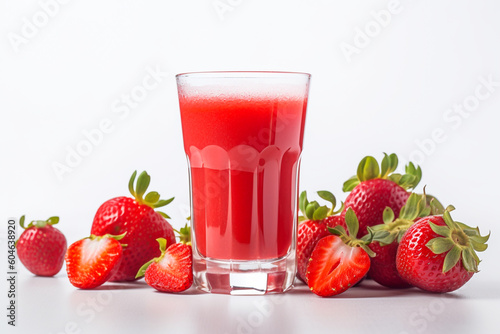 Glass with red fresh strawberry juice isolated on white background. Healthy refreshing summer strawberry fruit juice drink. Generative AI