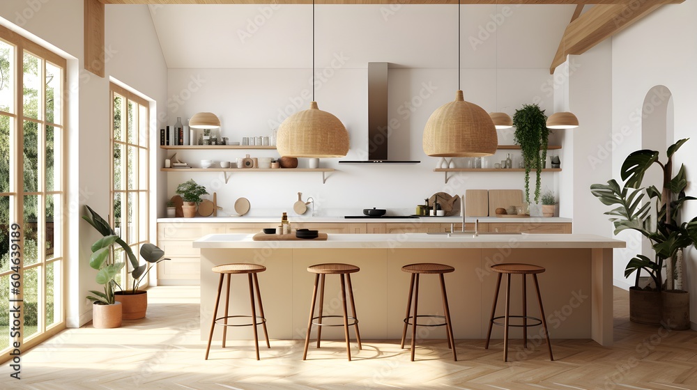 Modern bohemian interior design of a kitchen. Frame mockup, boho, furniture, cream, cozy. AI generative.