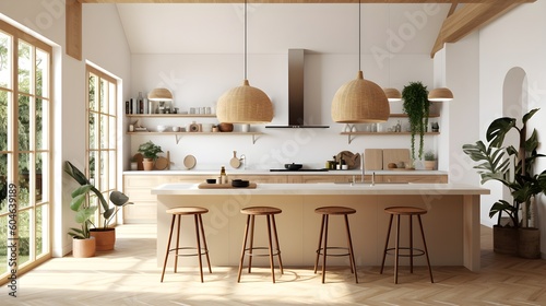 Modern bohemian interior design of a kitchen. Frame mockup, boho, furniture, cream, cozy. AI generative. photo