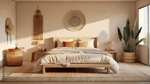 Modern bohemian interior design of a bedroom. Frame mockup, boho, furniture, cream, cozy. AI generative.