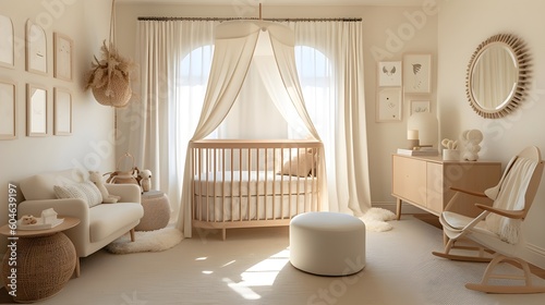 Modern bohemian interior design of a baby nursery room. Frame mockup, boho, furniture, cream, cozy.