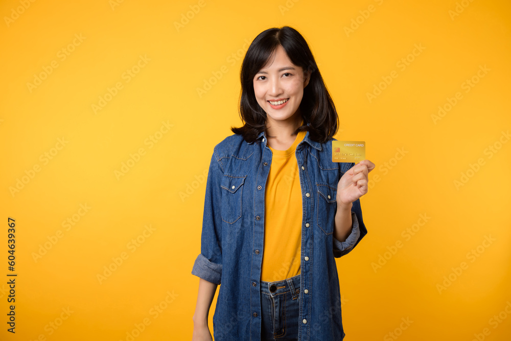 Portrait of young asian woman wearing yellow t-shirt and denim jacket with happy smile holding a credit card isolated on yellow background. Payment shopping online concept. Portrait of young asian woman wearing yellow t-shirt and denim jacket with happy smile holding a credit card isolated on yellow background. Payment shopping online concept.
