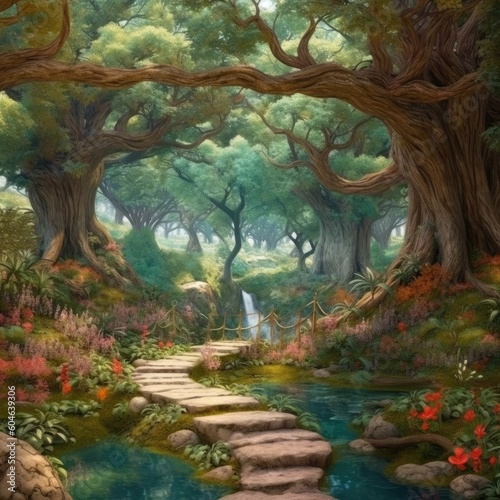 Digital painting of an enchanting fairytale forest with lush vegetation. (Generative AI)