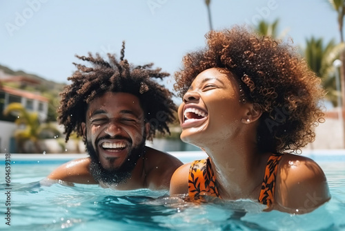 A afro American man and a woman laughing in a swimming pool