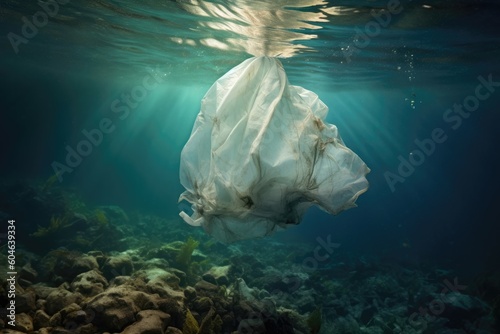 Plastic bag under the sea. Generative AI