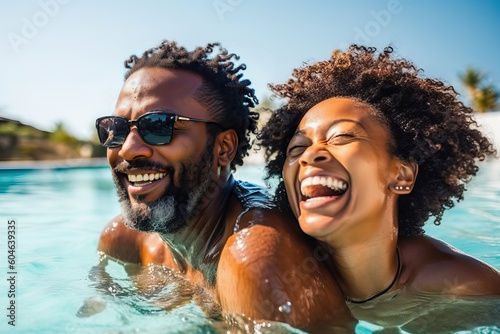 A afro American man and a woman swimming in a pool