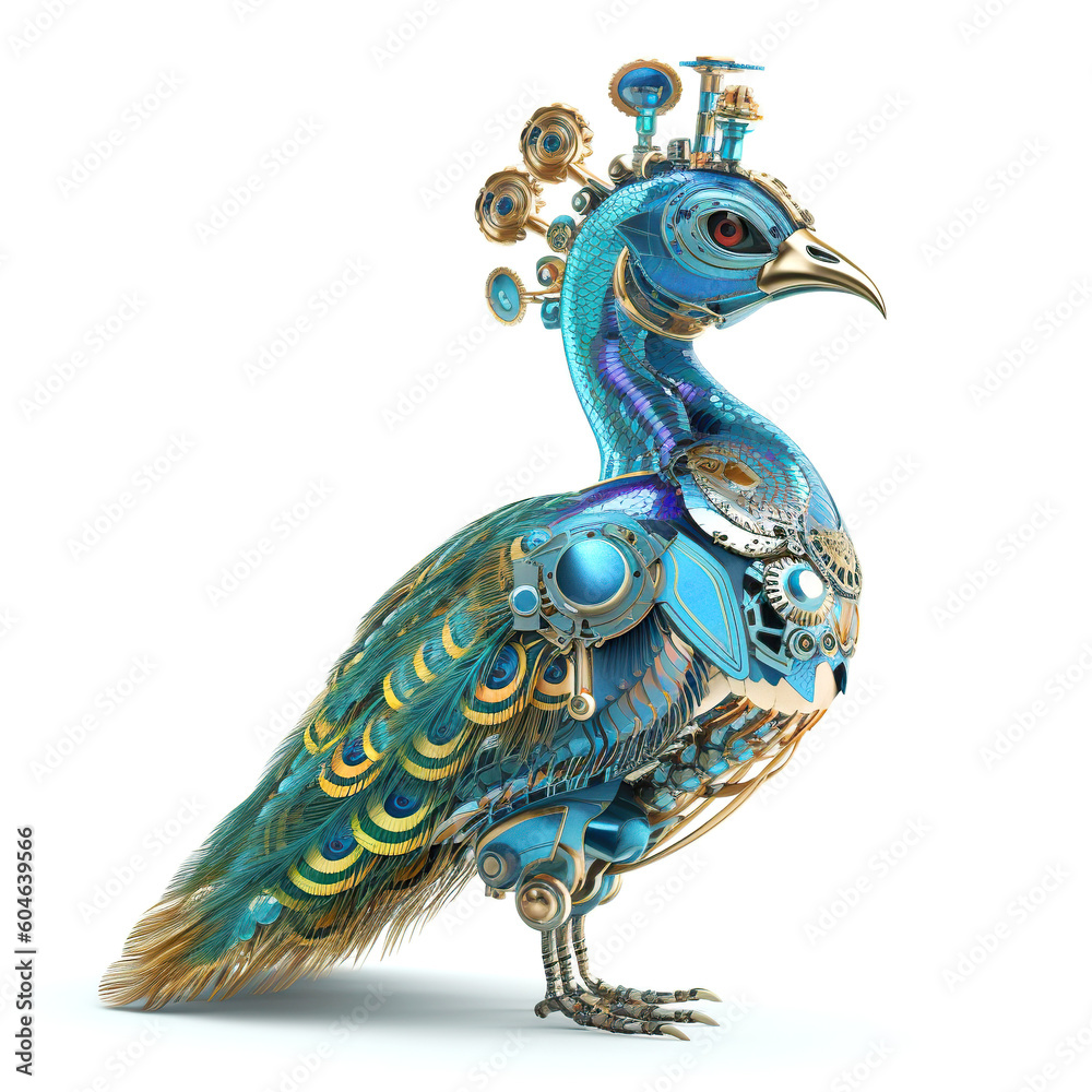 Obraz premium peacock robot on a white background, generative AI