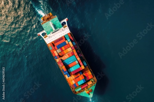 View from above of a heavily filled container cargo ship speeding through a blue ocean. Generative AI