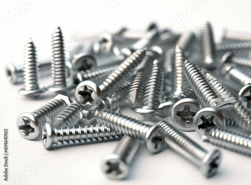 Tapping screws made of steel on Gray background, metal screw, iron screw, chrome screw, screws as a background, wood screw, concept industry created with Generative AI technology