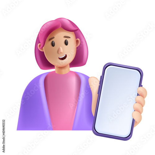 3D woman hold smartphone, smiling excited vector cartoon character with phone, digital SMM manager. Female businessman with cellphone, device screen social media concept. Girl hold smartphone clipart