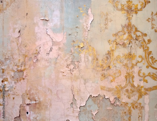 Distressed painted antique wall in pink and gold, golden shiny rococo ornaments. Beautiful distressed luxury vintage surface. Generative Ai.