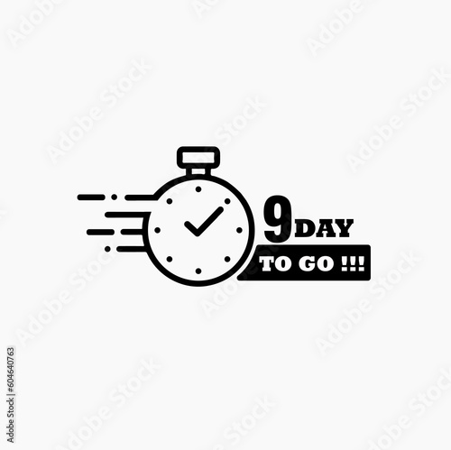 9 days left. Vector emblem with the number of days remaining. label, black alarm clock flat with ribbon, promotion icon, best deal symbol vector illustration.