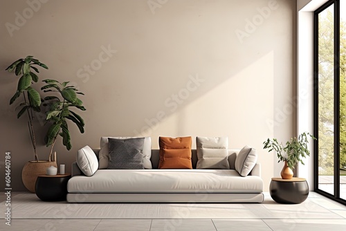 AI generated wide angle of luxury living room interior decor background with copy space