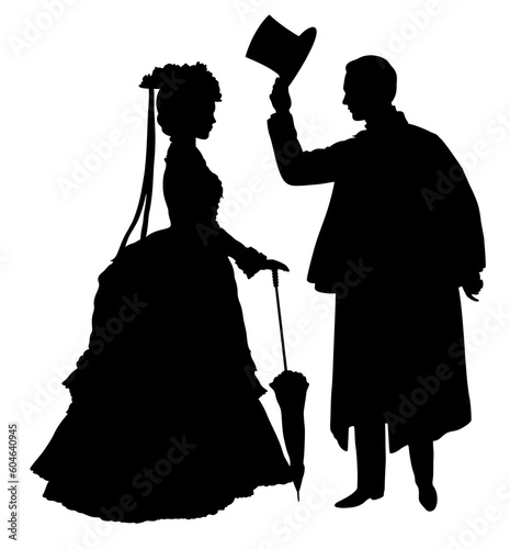 Profile silhouettes of young standing couple  in victorian dress in which the man takes off his top hat in front of the woman.