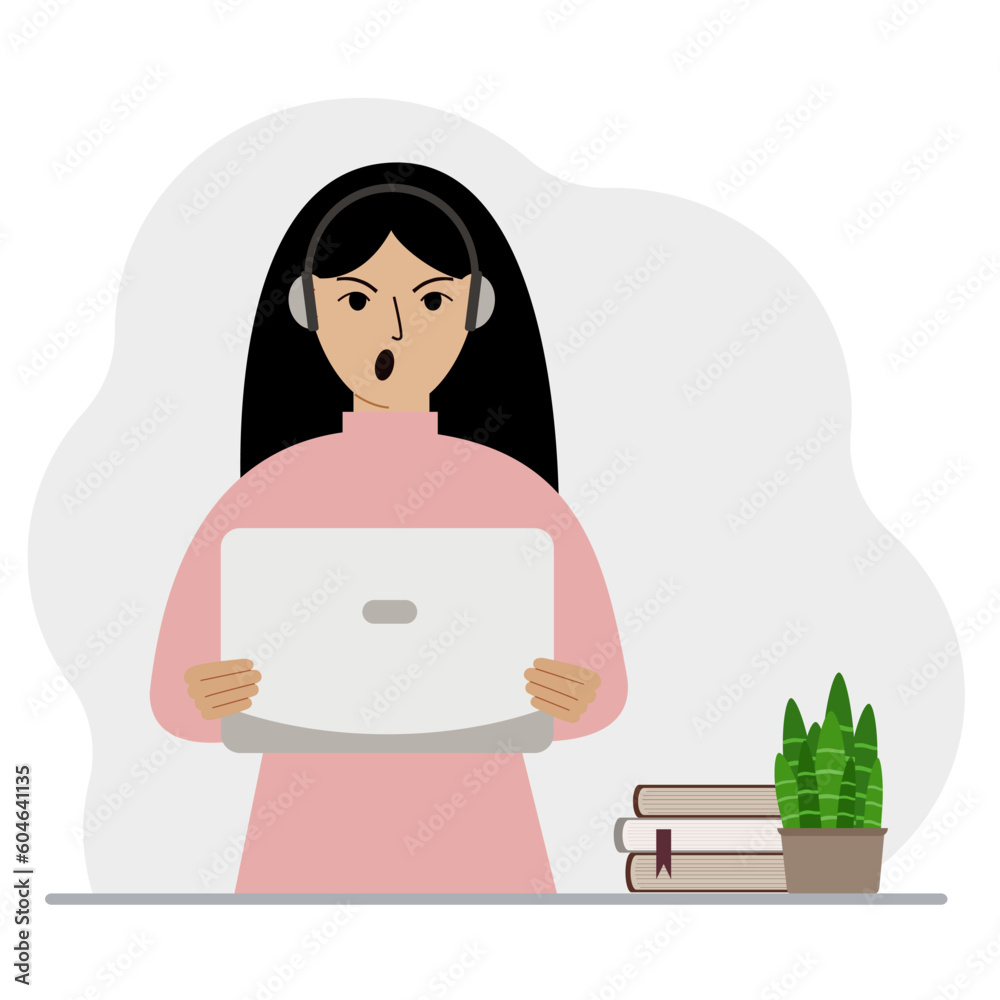 Woman with laptop and headphones. Working from home, student, freelancer, assistant, blogger or businessman. Home office concept. Woman with laptop and headphones. Working from home, student, freelancer, assistant, blogger or businessman. Home office concept.