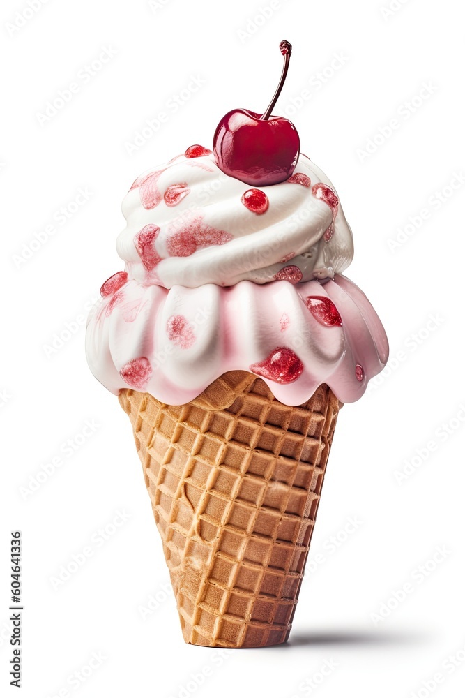 Delicious Cherry Ice Cream Cone on a White Background Generative AI Delicious Cherry Ice Cream Cone on a White Background Generative AI