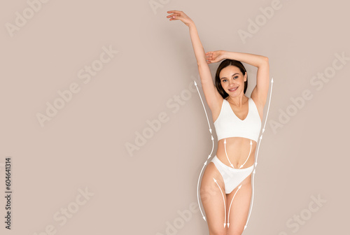 Pretty young woman posing in underwear on beige background, collage