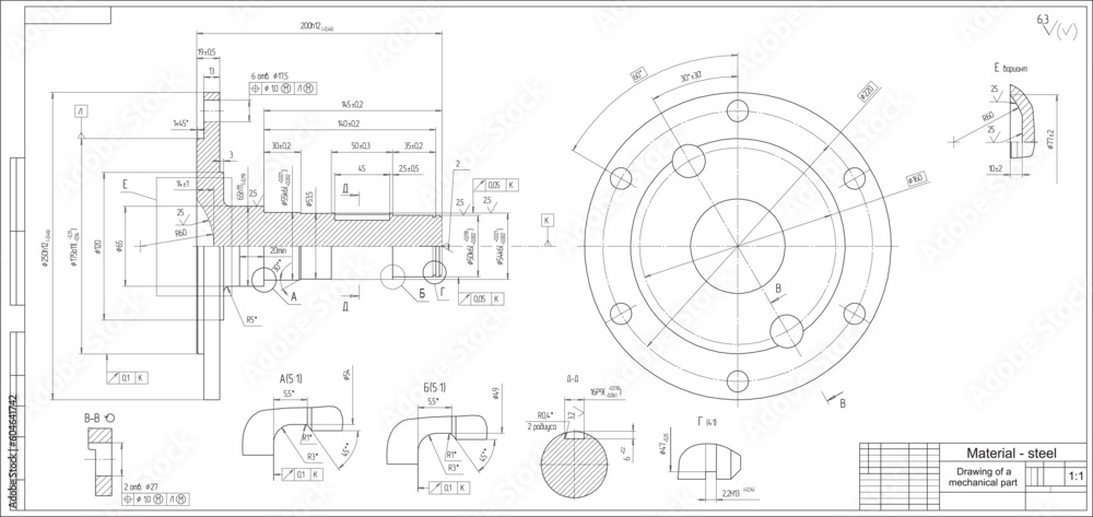 Vector drawing of a steel mechanical part with through holes. Engineering CAD scheme. Steel shaft.