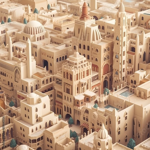 A modern desert city inspired by Arabian architecture, showcasing sand-colored buildings, intricate archways, and a bustling souk Fototapeta