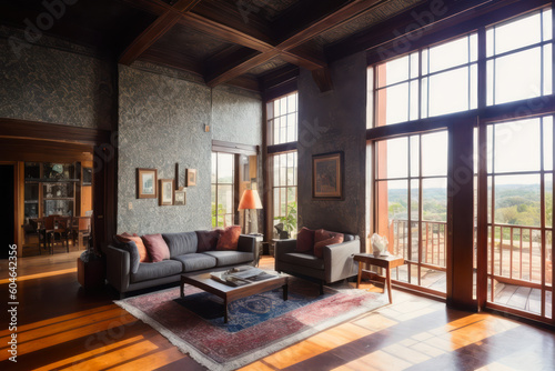 Interior design of dark living room loft with fireplace. Generative AI