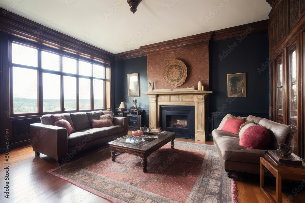 Fototapeta premium Interior design of dark living room loft with fireplace. Generative AI