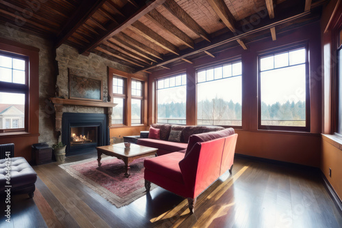 Interior design of dark living room loft with fireplace. Generative AI © mikhailberkut