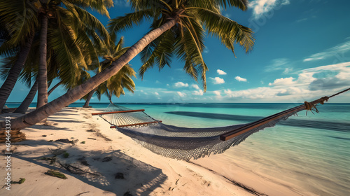 beautiful hammock on a caribbean beach with turquoise water and palm trees © bmf-foto.de