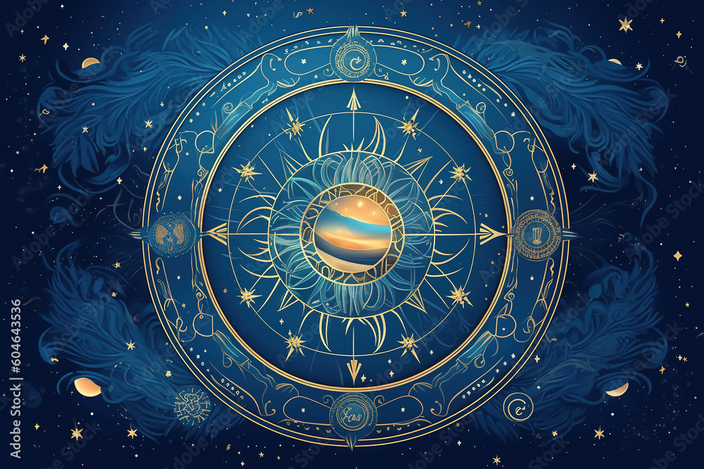 magic banner for astrology, magic divination, cosmic device, crescent moon and sun with moon on blue background, mystical vector illustration, pattern