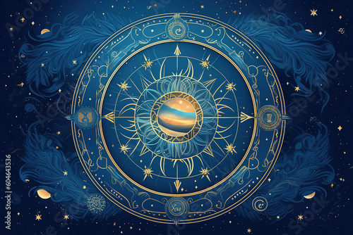magic banner for astrology, magic divination, cosmic device, crescent moon and sun with moon on blue background, mystical vector illustration, pattern photo