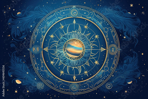 magic banner for astrology, magic divination, cosmic device, crescent moon and sun with moon on blue background, mystical vector illustration, pattern