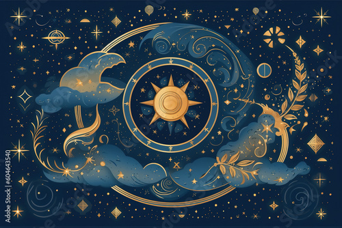 magic banner for astrology, magic divination, cosmic device, crescent moon and sun with moon on blue background, mystical vector illustration, pattern