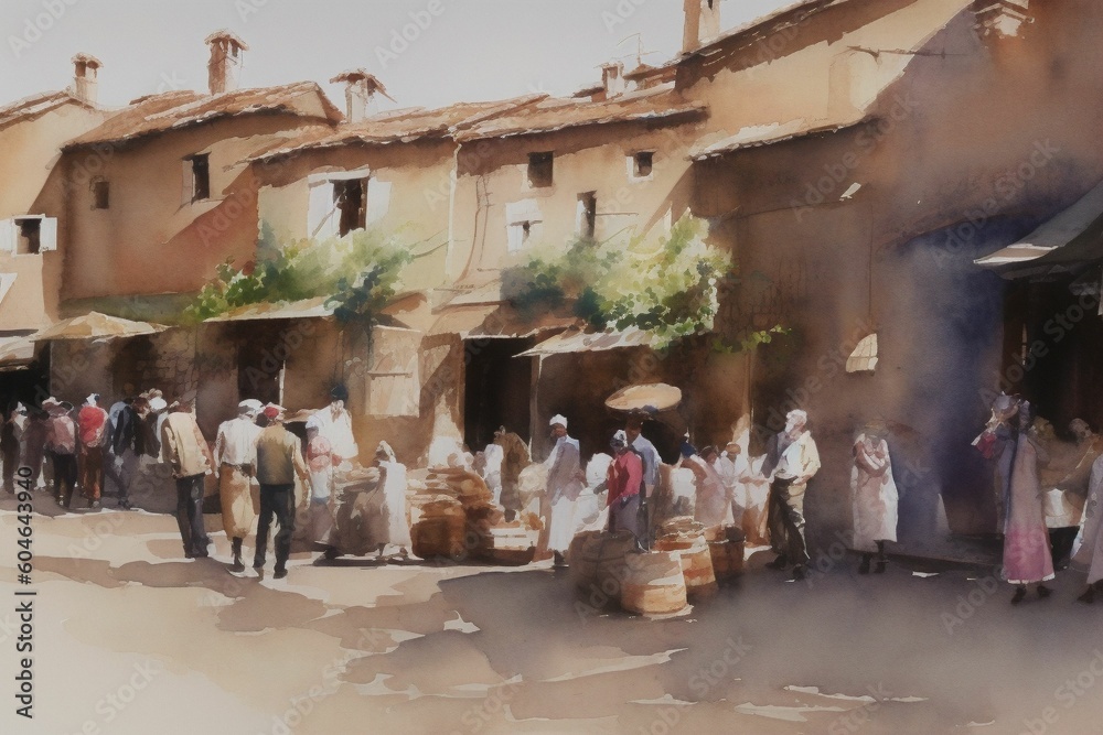 beautiful watercolor representing a grape harvest on a sunny day in a small Italian village, vibrant colors, generative ai