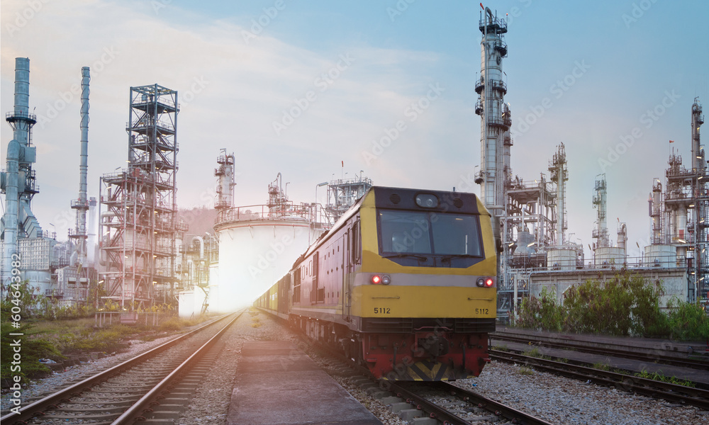Fototapeta premium A cargo train leaves a petroleum refining plant at a cargo terminal at the port.