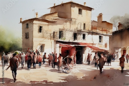 beautiful watercolor representing a grape harvest on a sunny day in a small Italian village, vibrant colors, generative ai