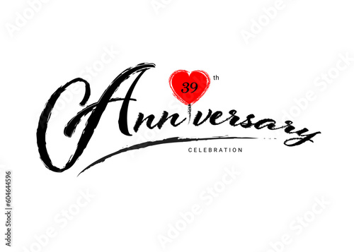 39 Years Anniversary Celebration logo with red heart vector, 39 number logo design, 39th Birthday Logo, happy Anniversary, Vector Anniversary For Celebration, poster, Invitation Card