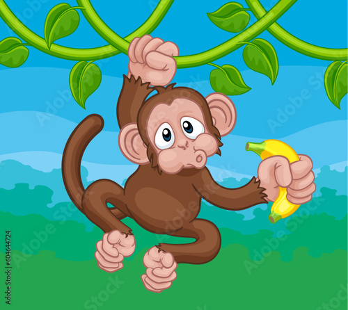 A monkey cartoon character singing on jungle vines with banana