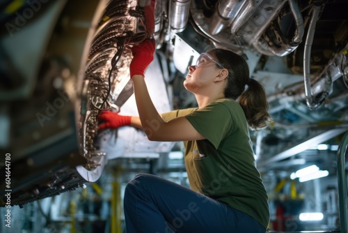 Fototapeta A proud and confident female aerospace engineer works on an aircraft, displaying expertise in technology and electronics