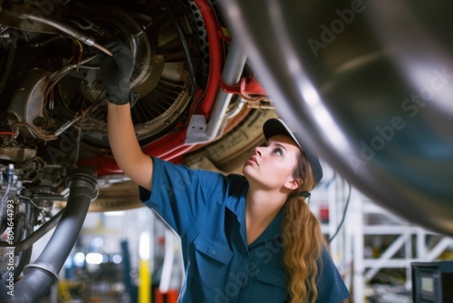 A proud and confident female aerospace engineer works on an aircraft, displaying expertise in technology and electronics. Image captures a candid moment in aviation industry, generative ai photo