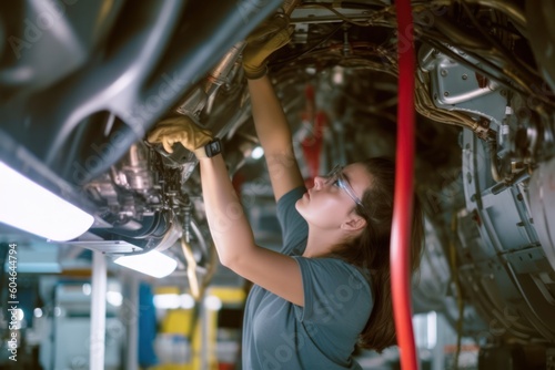 A proud and confident female aerospace engineer works on an aircraft, displaying expertise in technology and electronics. Image captures a candid moment in aviation industry, generative ai photo