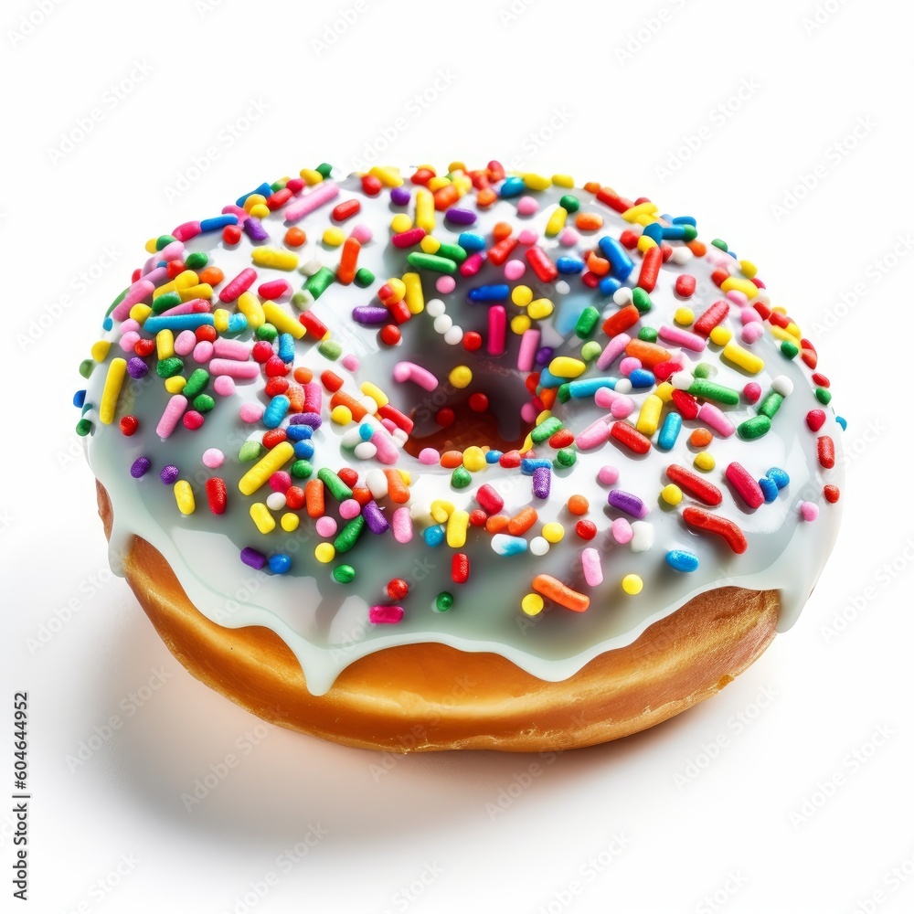 A delicious donut with colorful icing and sprinkle isolated on white background. Generative AI. A delicious donut with colorful icing and sprinkle isolated on white background. Generative AI.