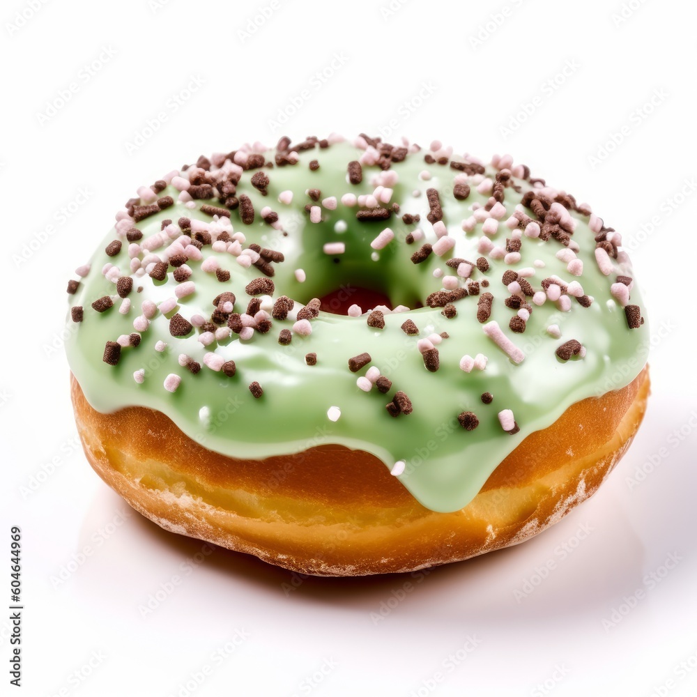 A delicious donut with green icing and sprinkle isolated on white background. Generative AI. A delicious donut with green icing and sprinkle isolated on white background. Generative AI.