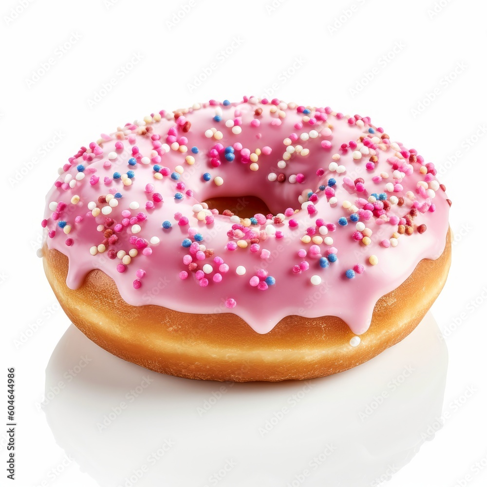 A delicious donut with pink icing and sprinkle isolated on white background. Generative AI. A delicious donut with pink icing and sprinkle isolated on white background. Generative AI.