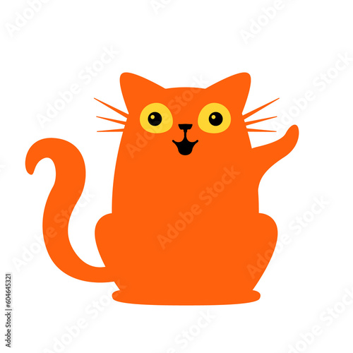 Cute and smiling ginger cat silhouette raising a paw. Fluffy cat cartoon character doodle. Adorable kitten on transparent background. Design illustration for sticker, greeting card, comic, print.