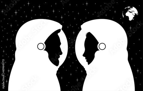 Profile portrait silhouettes of man and woman astronaut in eye contact isolated in space with stars and planet earth.