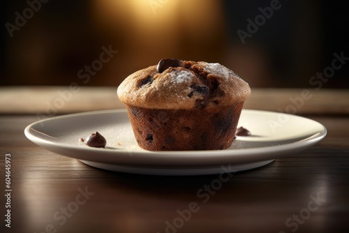 Generative AI muffin with chocolate on plate Editorial Food Photography
