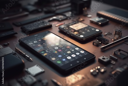 Smartphones on a black background. Close-up. 3D rendering, generative Ai